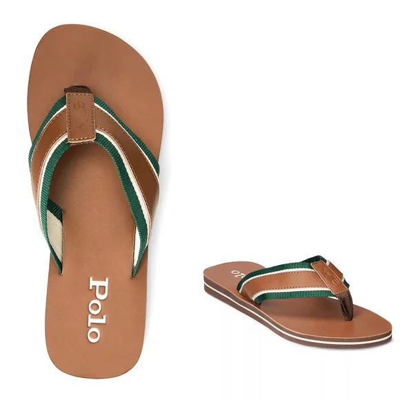 New! POLO RALPH LAUREN Men's Vintage Bolt Flip-Flop Sandals Brown Size 10